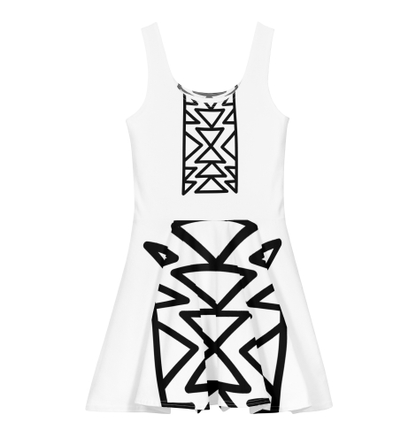 White sleeveless dress with black geometric pattern