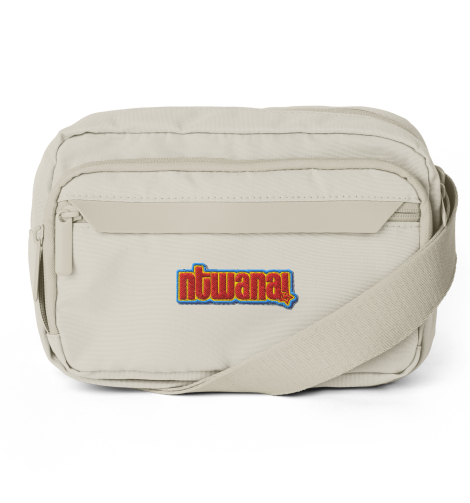 Beige crossbody bag with colourful embroidered logo
